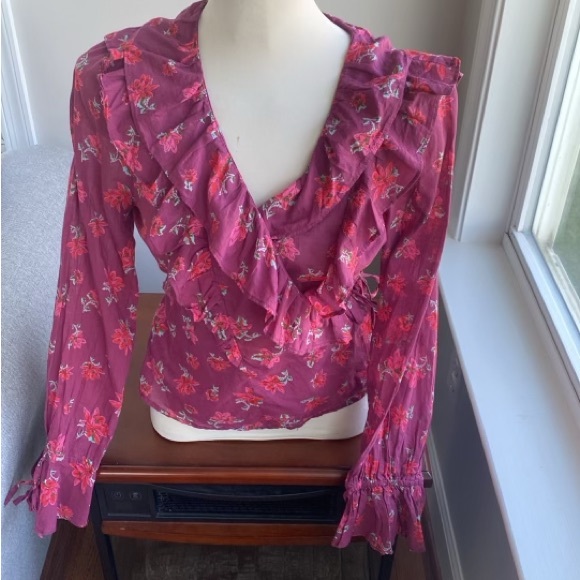 Free People Tops - Free People Amanda Ruffle Wrap Top burgundy  Floral size M NWT
